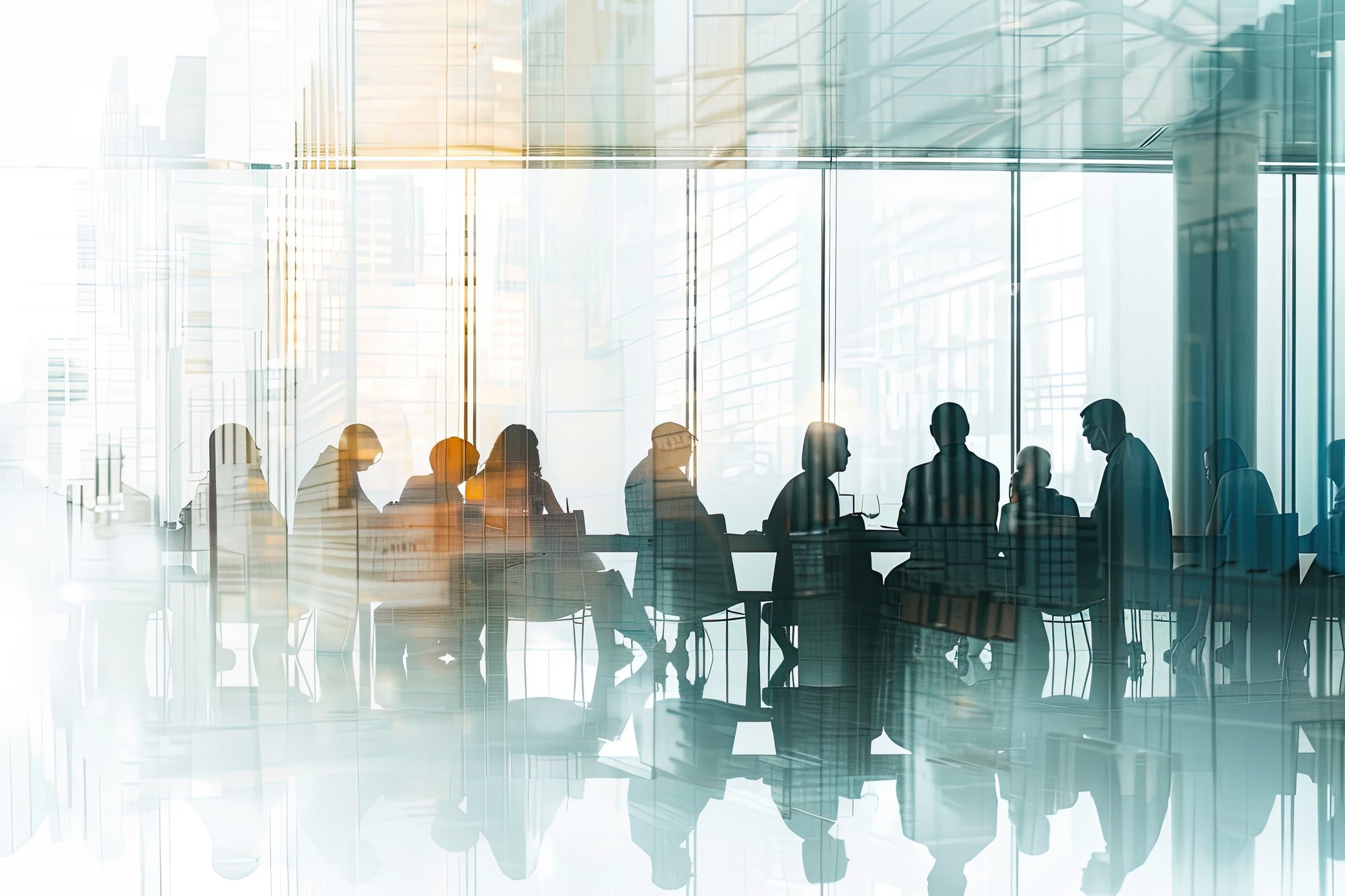 Silhouetted executives meeting in a glass-walled boardroom