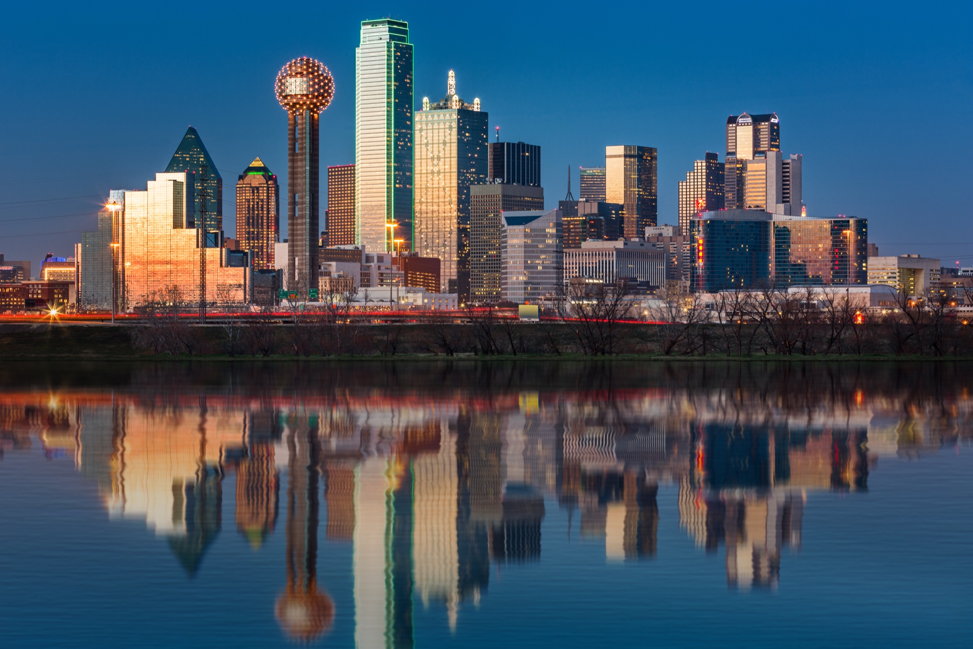 Dallas skyline at twilight reflected in the Trinity River