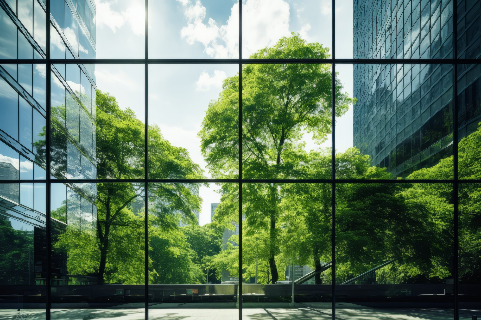 Mature trees framed by a glass office facade