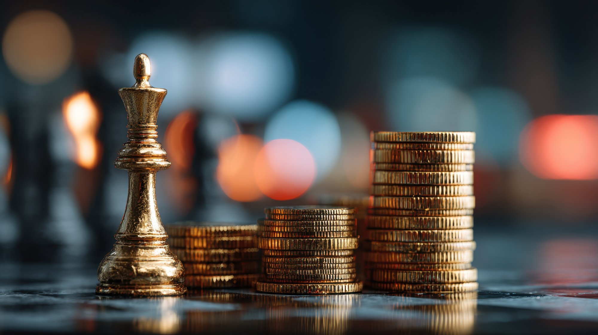A golden chess king standing beside stacks of gold coins