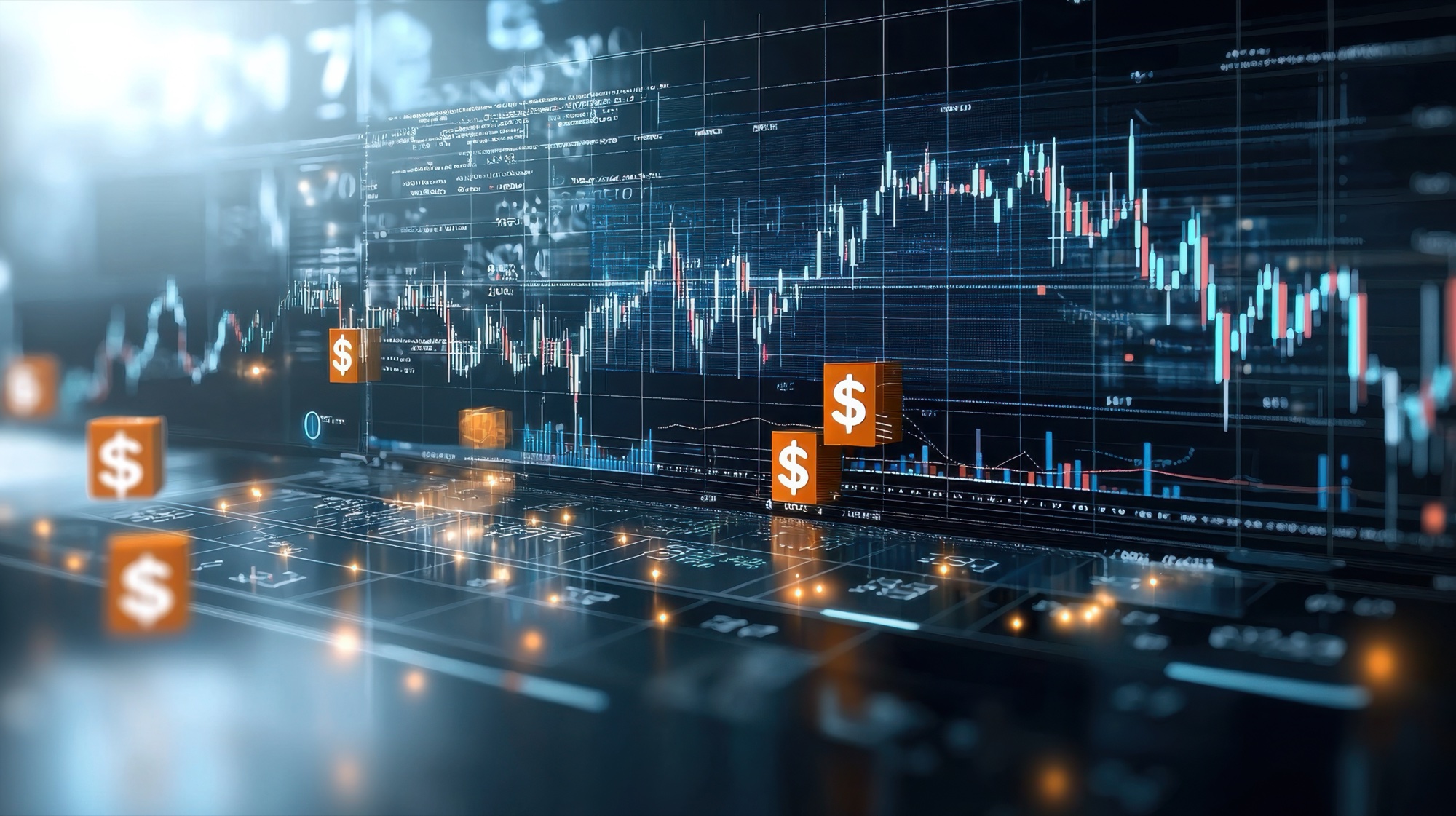 Candlestick trading chart with orange dollar-sign blocks in the foreground